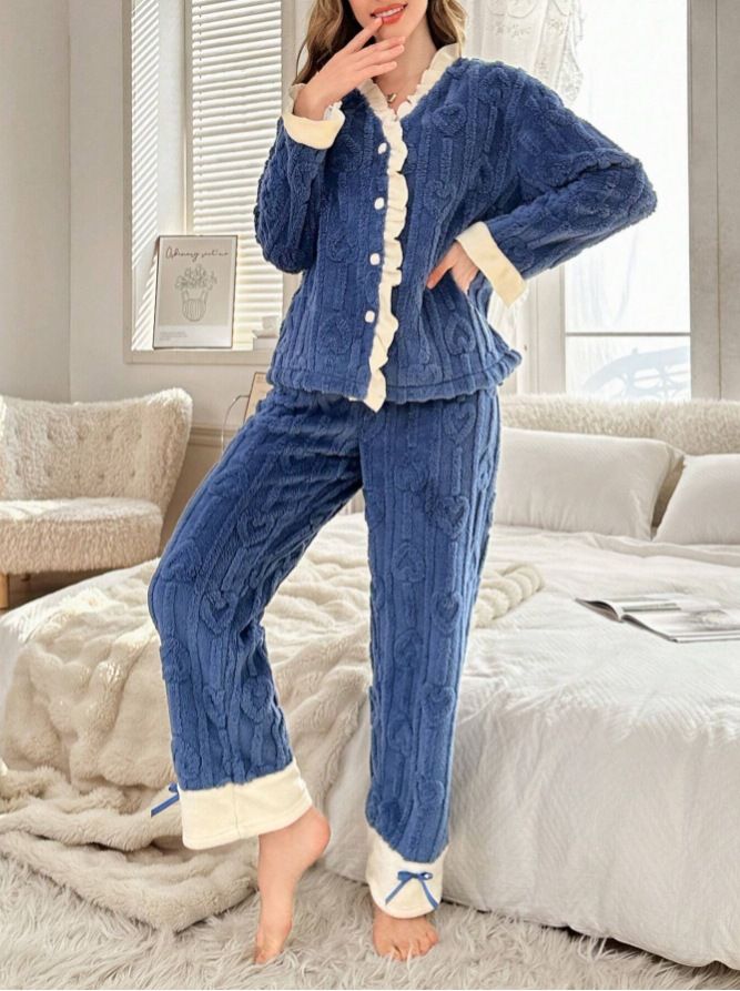 Autumn And Winter Love Thickened Warm Simple And Comfortable Loungewear Set_voghion.com