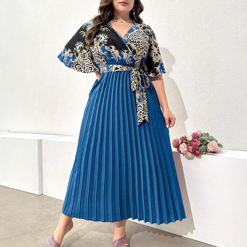 Vintage Floral Maxi Dress With Pleated Detail High Waist Elegant Boho Dress For Women, Plus Size 0XL-4XL V-Neck & Belted_voghion.com