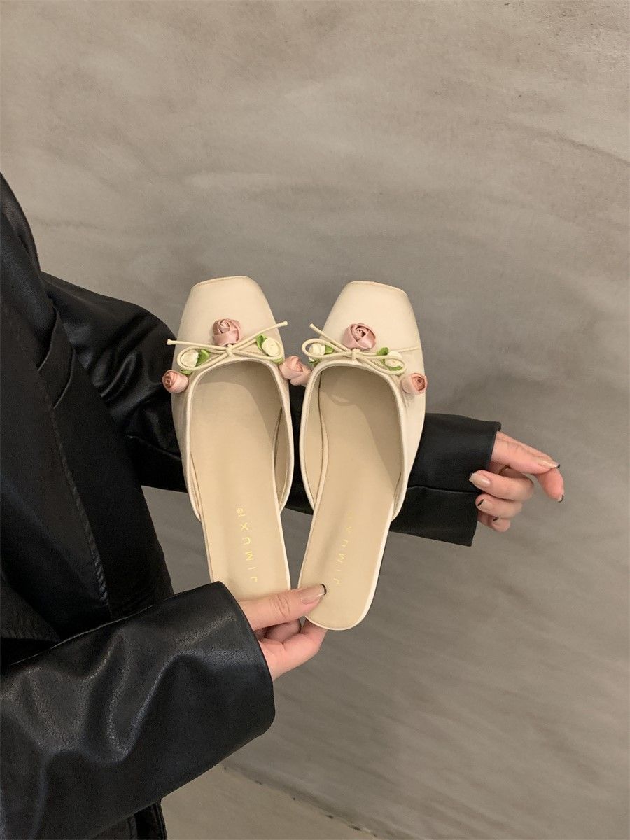 Yarım terlik 2024 yeni düz tabanlı terlikler peri tarzı tek ayakkabı açık hava sandaletleri pembe terlik kadın ayakkabıları_voghion.com