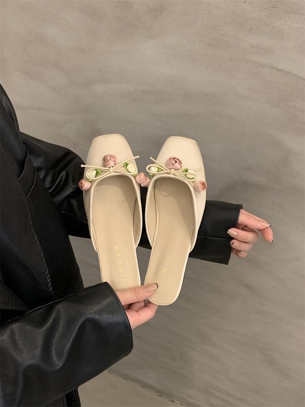 Yarım terlik 2024 yeni düz tabanlı terlikler peri tarzı tek ayakkabı açık hava sandaletleri pembe terlik kadın ayakkabıları_voghion.com