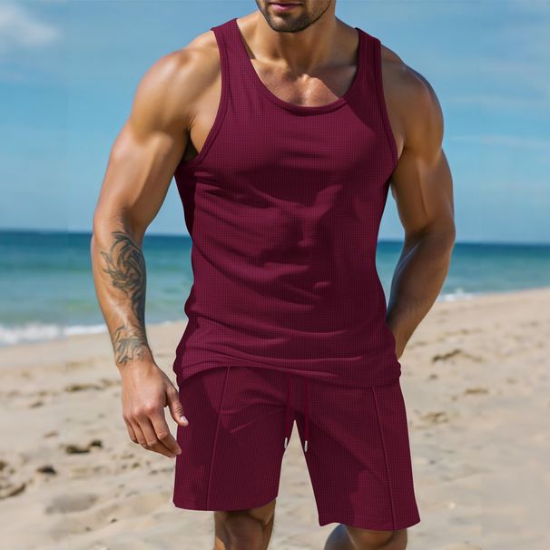 Men's Clothing Waffle Texture Short Sleeve Vest Shorts Set Breathable Running, Casual Wear (Black, Wine Red, Dark Green, Khaki, Gray, White)_voghion.com
