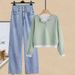 Slim-Fit Denim Jumpsuit Set With Oversized Sweater - Trendy Two-Piece Outfit For Petite Women In Blue, Green, Gray_voghion.com