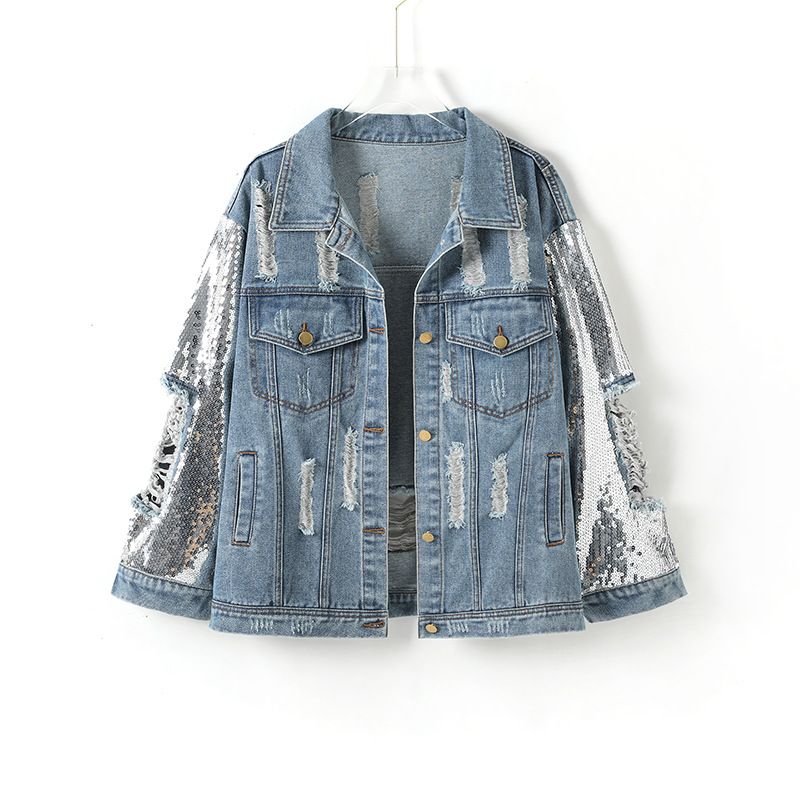 Vêtements pour femmes Veste en jean ample déchirée à paillettes Une pièce Livraison directe_voghion.com