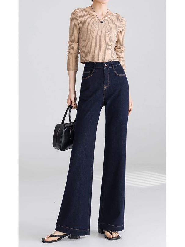 Jeans a zampa a vita alta da donna - Pantaloni in denim elasticizzati con taglio a svasato, vestibilità comoda e silhouette che allunga le gambe_voghion.com