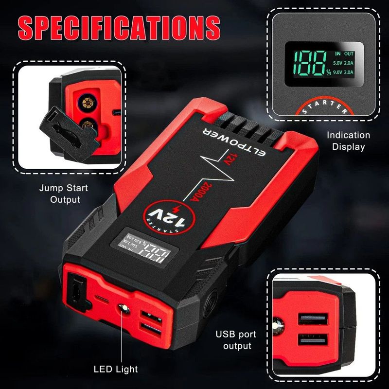 ET05 2000A Car Portable Jump Starter With Dual USB, 1 Pack, 9.8 X 4.1 X 5.3in_voghion.com