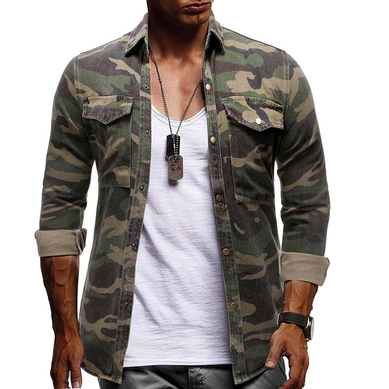 Erkek giyim Uzun kollu kamuflaj denim açık hava tırmanma kargo üstü_voghion.com