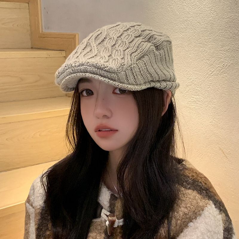 Gestrickte Wollmütze für Damen, warm, Entenschnabelmütze, verdickte Baskenmütze_voghion.com