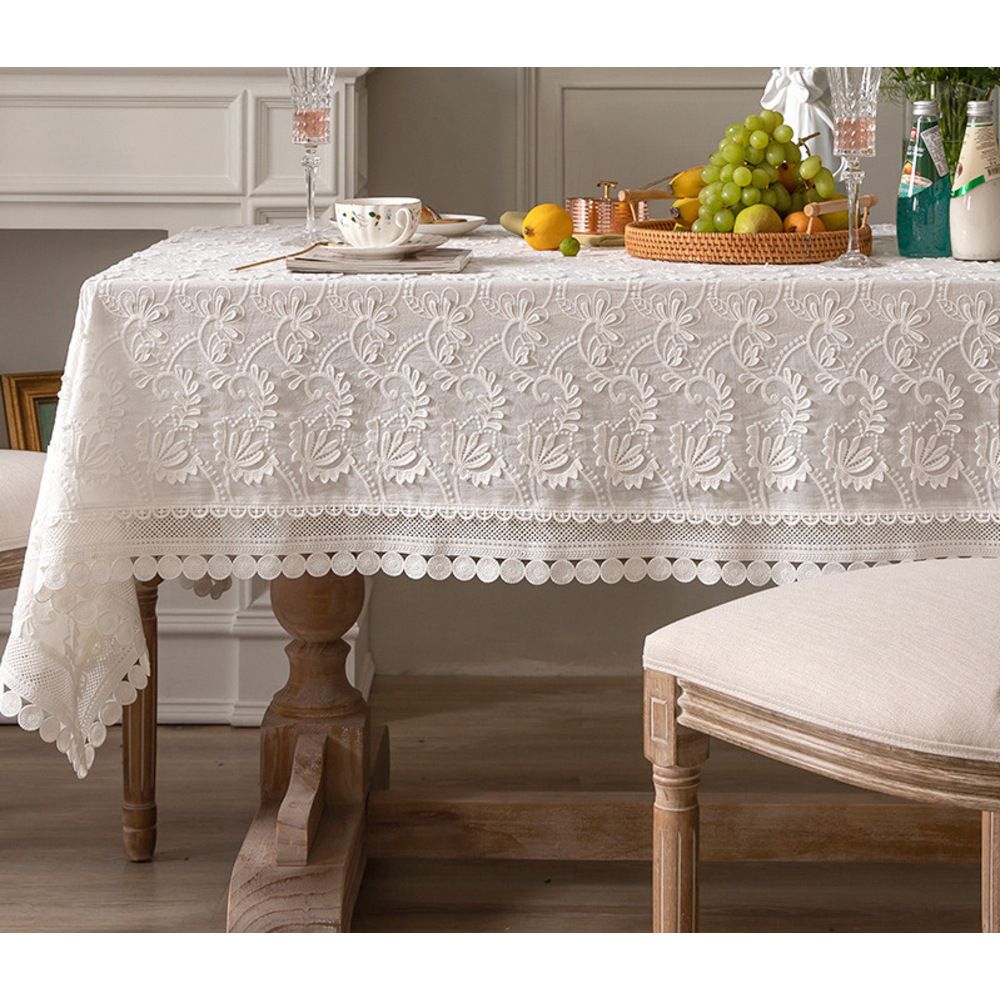 Nappe en dentelle, nappe de salle à manger blanche, bordure brodée, nappe basse rectangulaire_voghion.com