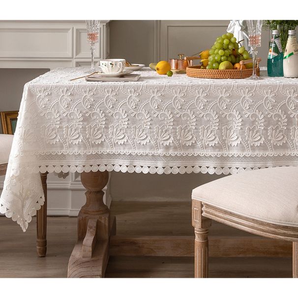 Nappe en dentelle, nappe de salle à manger blanche, bordure brodée, nappe basse rectangulaire_voghion.com
