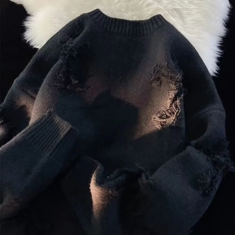Women's Ripped Sweater Crew Neck Pullover Hipster High Street Vintage Day Teen Knitwear_voghion.com