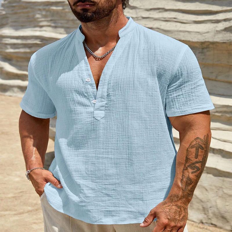Men's Clothing [LinenCraft] Men's Short Sleeve Shirt - Pure Linen | Mandarin Collar_voghion.com