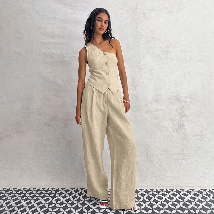 Women's Commuter Fashion Khaki Off-shoulder Cotton and Linen Vest Trousers Two-piece Set _voghion.com