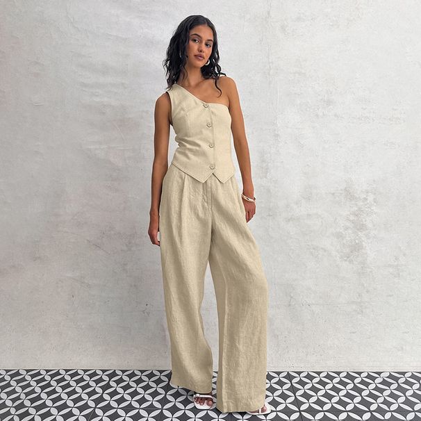 Women's Commuter Fashion Khaki Off-shoulder Cotton and Linen Vest Trousers Two-piece Set _voghion.com