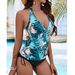 Women's Tight-Fit Halter Swimsuit - Maple Leaf Print Bikini Set With High-Cut Briefs & Adjustable Ties (Modest & Stylish)_voghion.com