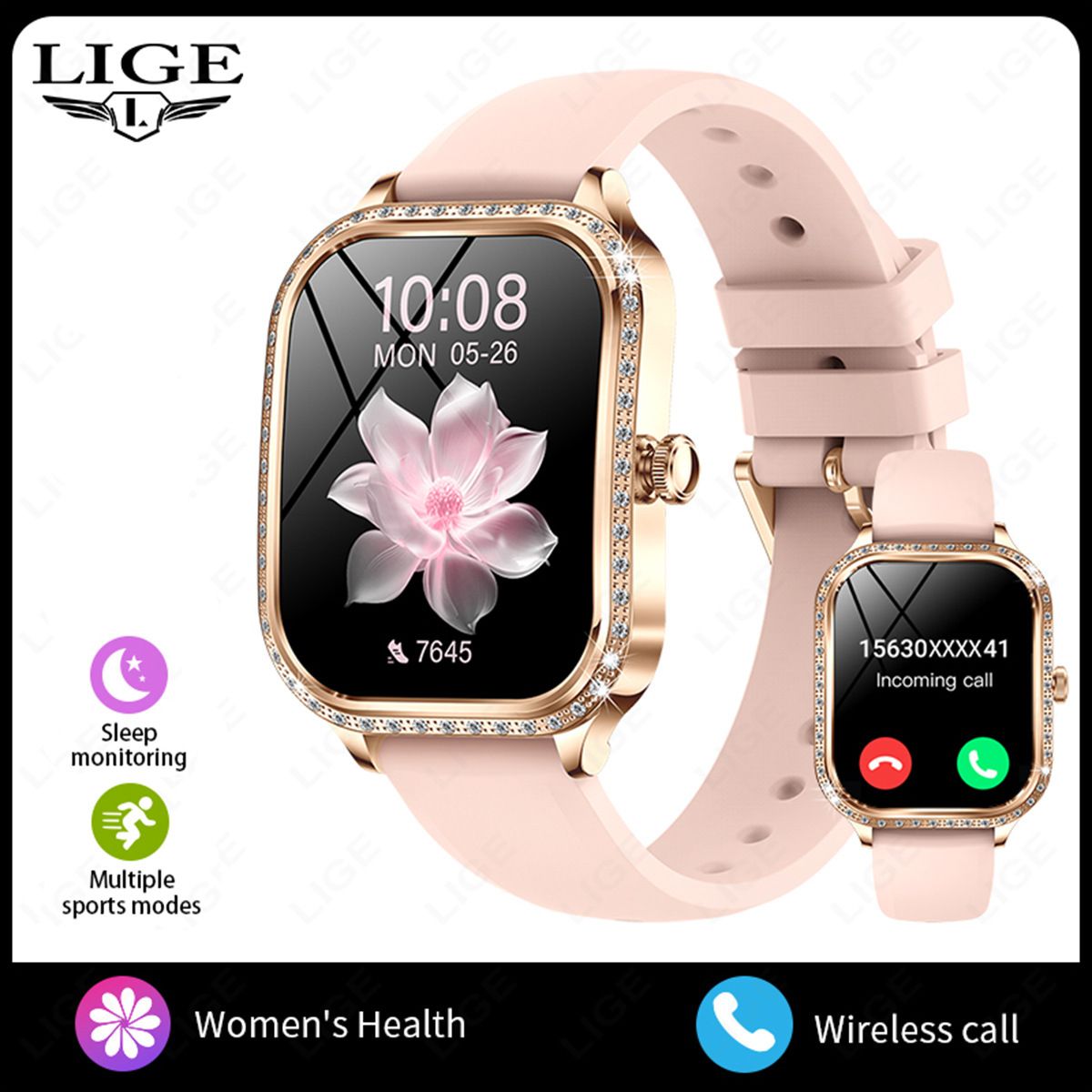 1.75 Inch Curved Screen Diamond Heart Rate Blood Oxygen Sleep Step Counter IP68 Waterproof Bluetooth Call Smart Watch_voghion.com