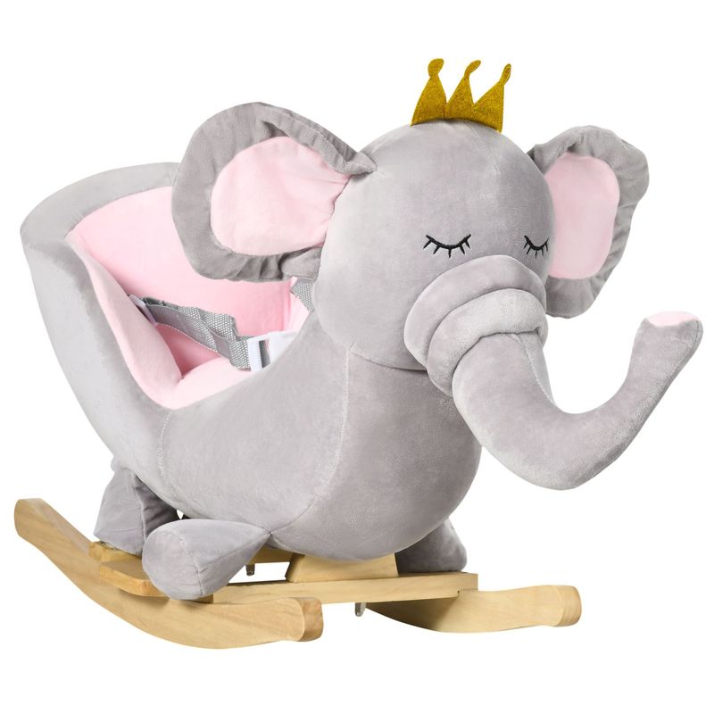 Baby Rocking Horse Elephant Rocking Chair Toddler Rocker Toy With Sound Wooden Base Seat Safety Belt For 1.5-3 Year Old, Gray_voghion.com