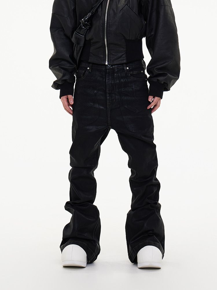 Herrenbekleidung Dunkles Wachsbeschichtungsband Leicht Elastische Weite Bein Ausgestellte Wischgestapelte Jeanshose_voghion.com