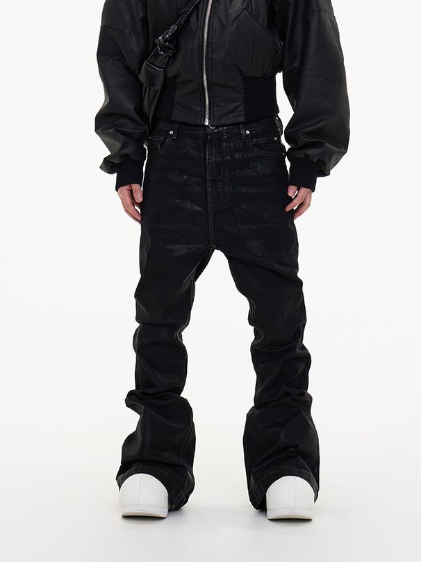 Men'S Clothing Dark Wax Coating Ribbon Slightly Elastic Wide Leg Flared Mopping Piled Denim Trousers _voghion.com