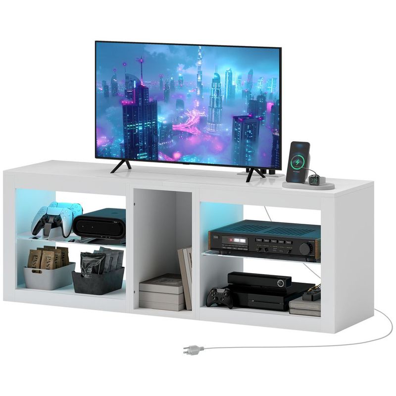 HOMCOM TV Stand Center For 55' With LED Lights And Power Outlets TV Television Cabinet With Adjustable Shelves High Gloss White_voghion.com