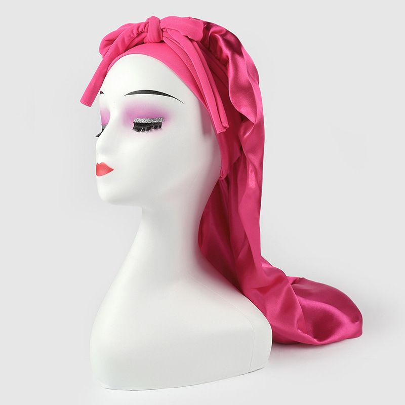Women's high elastic long tube satin nightcap new bow tie headscarf hat beauty perm hair care cap_voghion.com