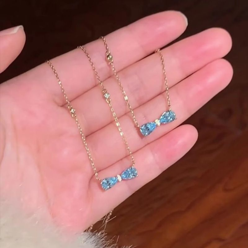 Collier nœud papillon en zircon bleu romantique français Saili Lake" Style minimaliste Chaîne de clavicule exquise de luxe léger pour_voghion.com