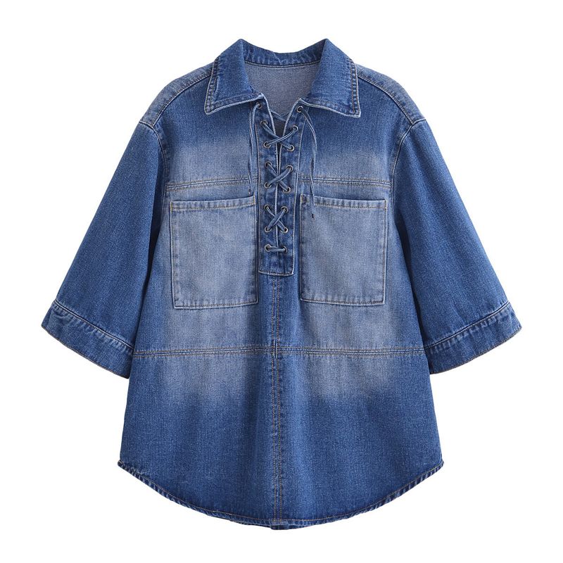 Women’s Clothing Denim Suit Spring Half Open Tie Pocket Three Quarter Sleeves Long Loose Shirt Straight Trousers Women_voghion.com