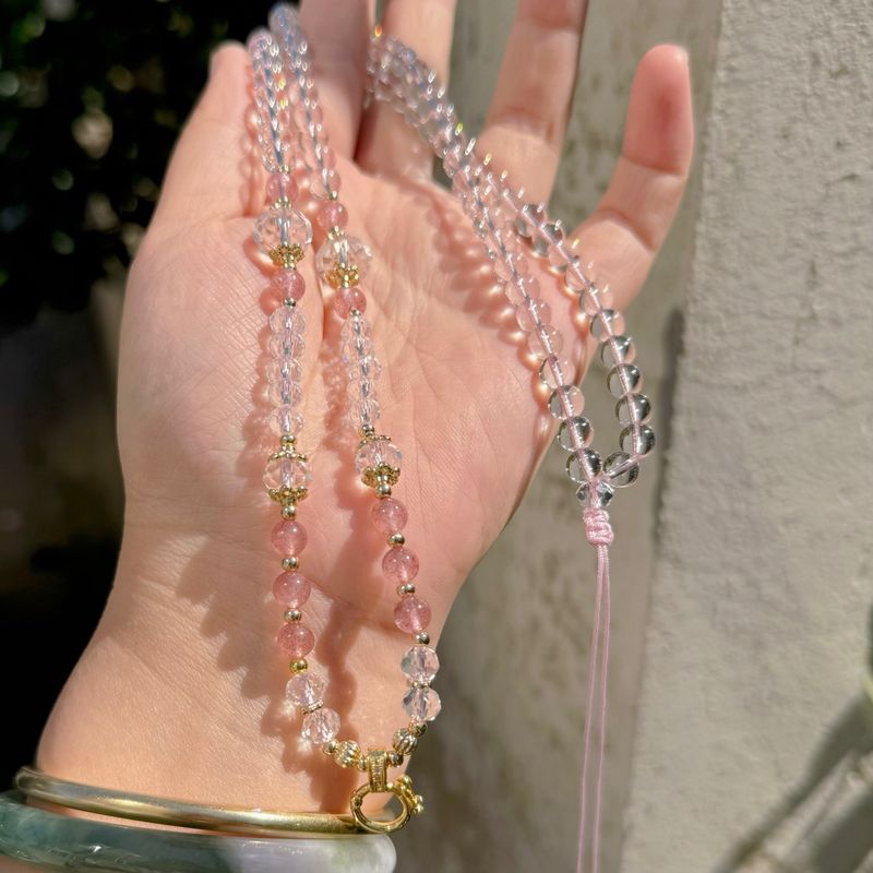 Collier à boucle universelle en cristal de fraise, pendentif polyvalent en forme de renard à neuf queues, Bouddha thaïlandais Tangka, chaîne de perles de 6 mm_voghion.com