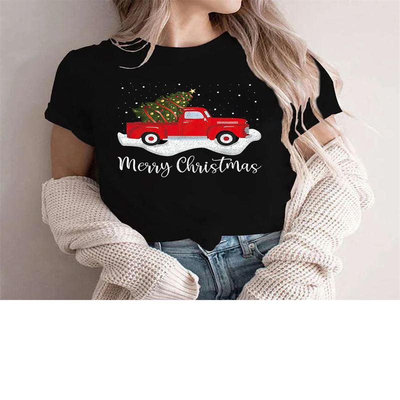 WoWoWomen's Christmas Merry Christmas Printed T-Shirt Red Car With Christmas Tree Graphic T Shirt Lovely Cute Tee Topsss._voghion.com