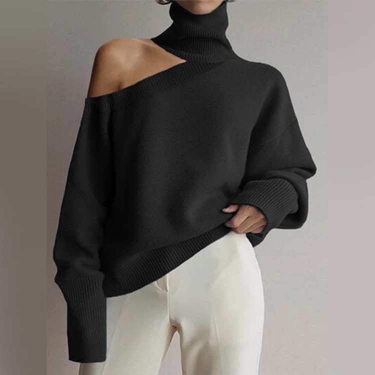 Women's leopard print long-sleeved top large size autumn and winter turtleneck off-shoulder sweater _voghion.com