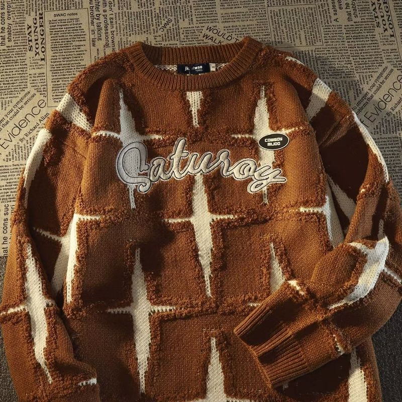 Herenkleding Retro Star Trui Heren Lente En Herfst Losse Buitenkleding Luie Stijl Oversized Koppel Stijl Gebreide Trui Top_voghion.com