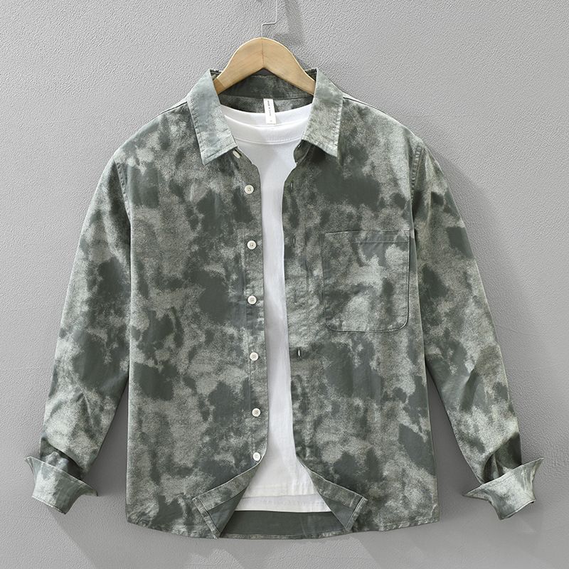 Camicia a maniche lunghe alla moda con effetto tie-dye per uomo, alla moda e versatile, top ampio e casual._voghion.com