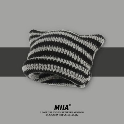Japanischer Stil Imp gestreifte gestrickte Wollmütze für Kinder Katzenohren süße spitze Mütze Pullover Mütze für Frauen Straße_voghion.com