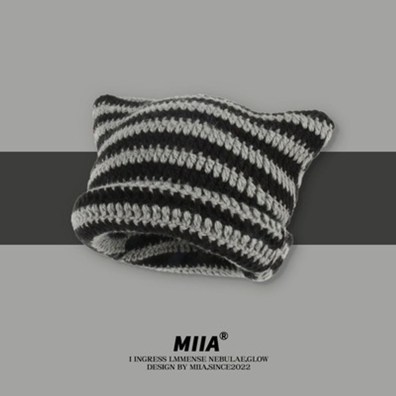 Gorro de lana de punto a rayas de estilo japonés para niños, bonito gorro puntiagudo con orejas de gato, gorro estilo jersey para mujer, estilo urbano_voghion.com