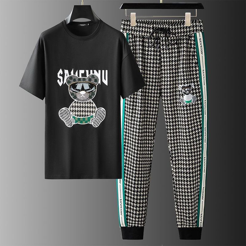 Herrenbekleidung, männlicher Internet-Promi-Anzug mit Bärenstickerei, kurzärmelige Sommerhose, zwei Teile hochwertiger Freizeitsportbekleidung_voghion.com
