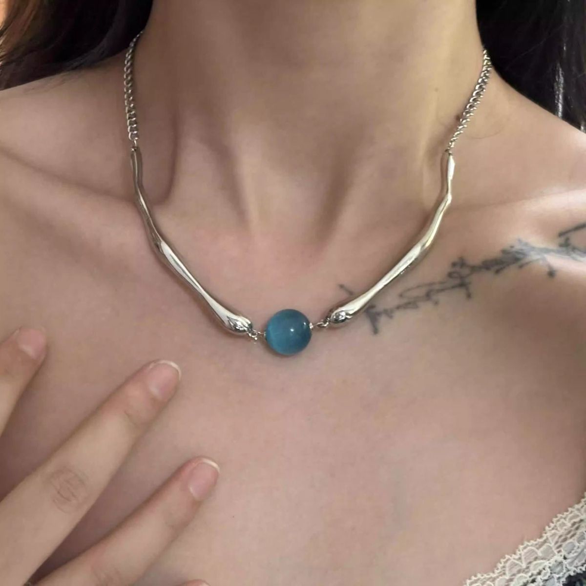 Metalen blauwe kralenketting voor dames, punk, mechanisch, windlicht, luxe, premium niche, sleutelbeenketting_voghion.com