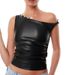 Y24TP647 Women's Autumn/Winter Twisted Strap Off Shoulder Leather Folded Short Open Umbilical Top T-shirt_voghion.com