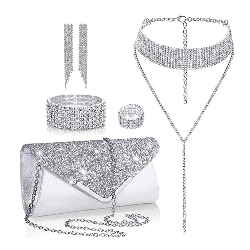 Damentaschen Braut-Dinnertasche mit Diamant-Landmine, Diamant-Krallenkette, Quastenarmband, Ohrringe, Halsband, vierteiliges Schmuckset_voghion.com