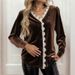 Elegant Vintage Velvet Blouse With V-Neck & Lace Trim - Fall/Winter Boho Chic Shirt For Women, Loose Fit With Puff Sleeves (Brown, S/M/L/Xl)_voghion.com