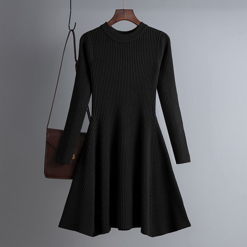 Damenbekleidung Herbst und Winter neuer Damen-Strickrock mit langen Ärmeln und einfarbigem, schmalem Boden und modischem A-Linien-Rock_voghion.com