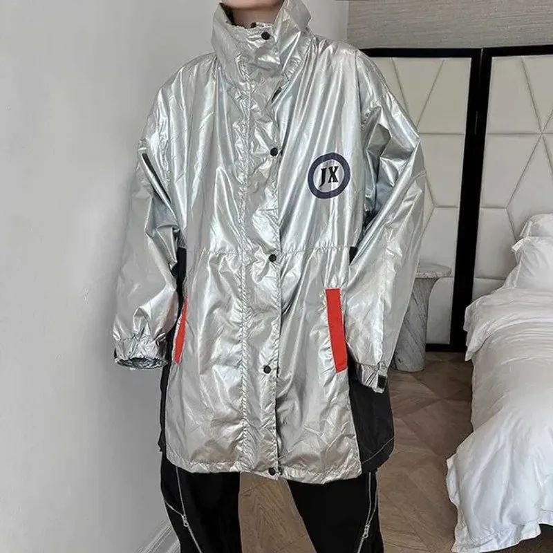 Men's Autumn Sier Faux Leather Trench Loose Motorcycle Shiny Surface PU Windbreaker Men Oversized Long Coat with Big_voghion.com