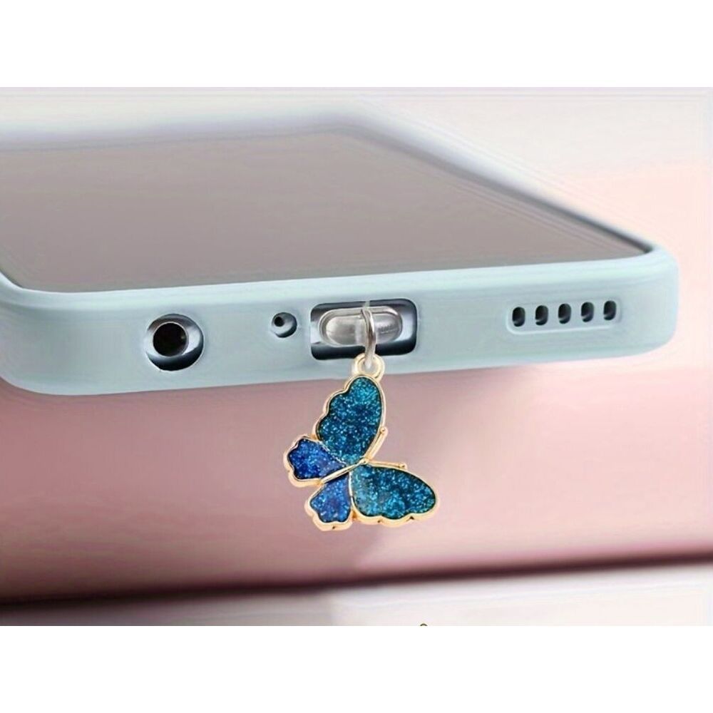 Cache-port de chargement pour téléphone portable, tablette, écouteurs, motif papillon nacré, anti-poussière, pendentif_voghion.com