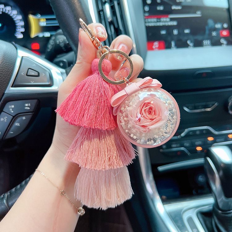 Creative Ice Silk Tassel Eternal Flower Gradient Color Internet Celebrity Car Keychain Cute Bag Pendant Gift_voghion.com