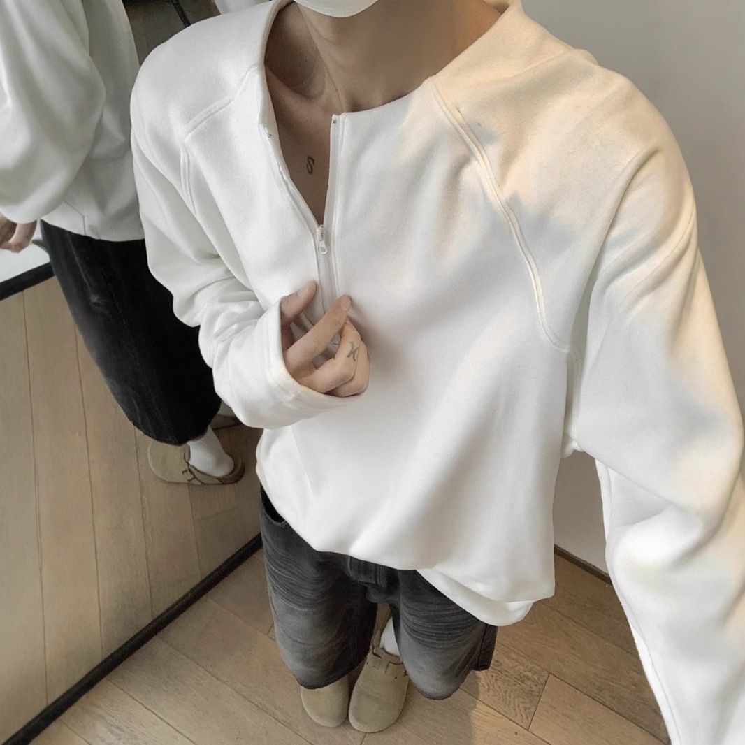 Maglietta a maniche lunghe da uomo autunno e inverno nuovo stile colletto alla coreana fondo interno largo camicia_voghion.com