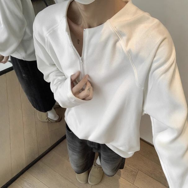 Maglietta a maniche lunghe da uomo autunno e inverno nuovo stile colletto alla coreana fondo interno largo camicia_voghion.com