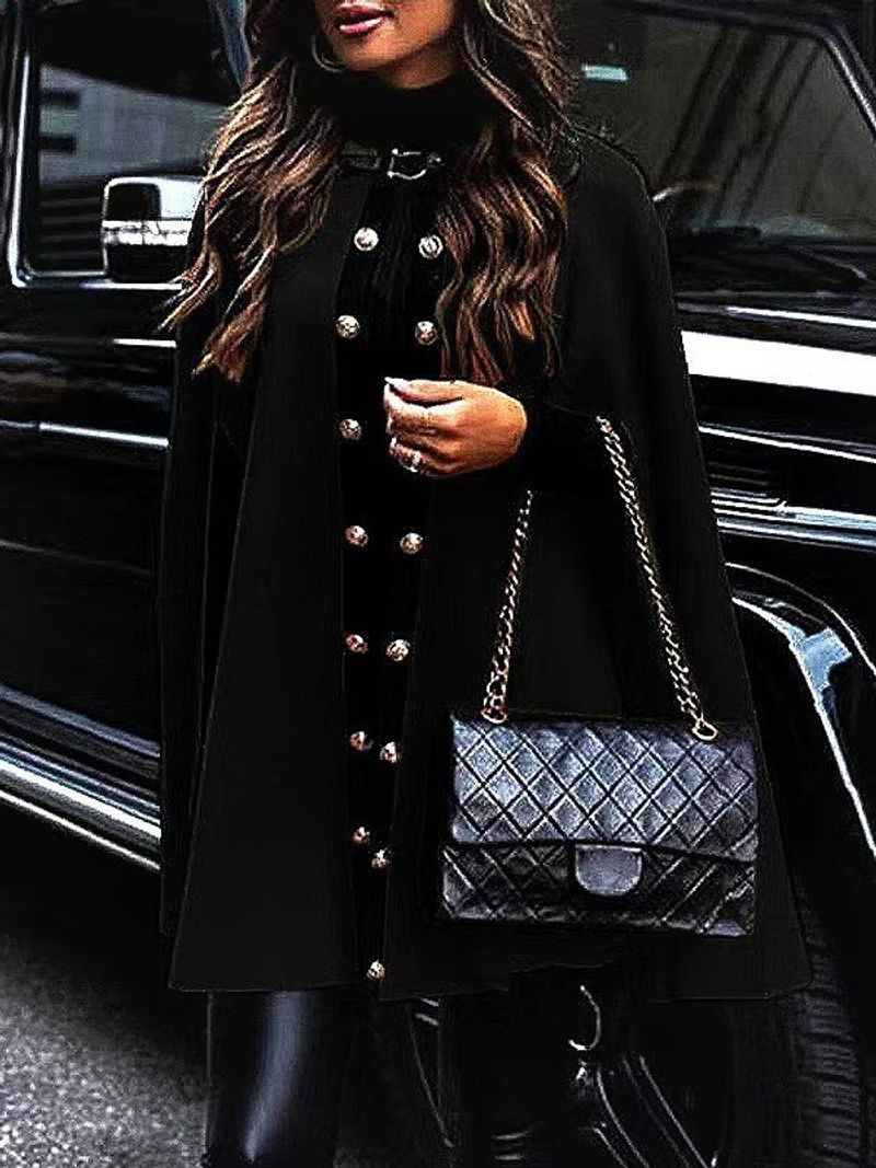 Damen-Umhang, kurzer Trenchcoat, Wollmantel, Knopfumhang_voghion.com