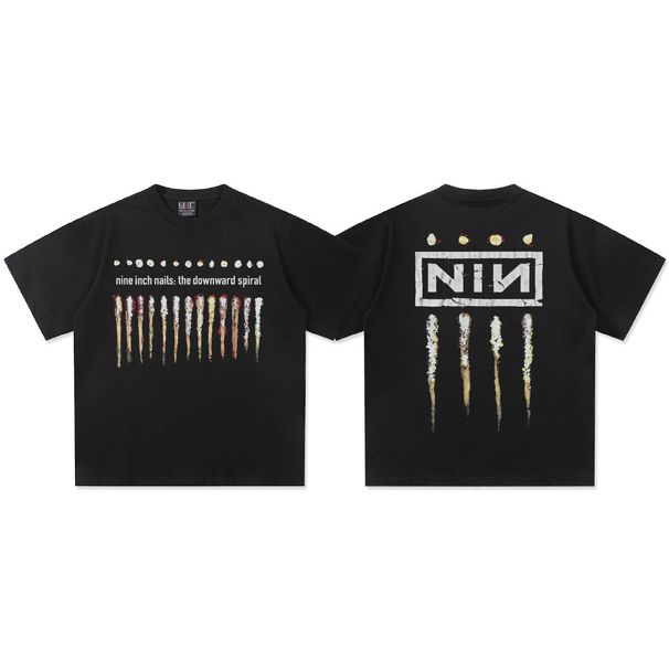 2025-ös Cross Border Summer Nine Inch Nails Band American Retro 300g pamut nehézsúlyú férfi póló nyomtatott rövid ujjú férfi_voghion.com