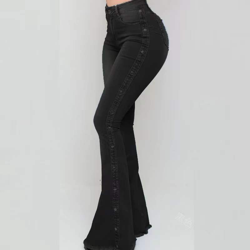 High waist elastic mop flared jeans ladies trousers_voghion.com