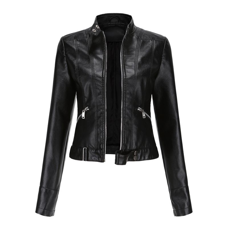 Abbigliamento da donna Nuovo abbigliamento in pelle Cappotto corto piccolo Giacca in pelle da donna con colletto rialzato primaverile e autunnale_voghion.com