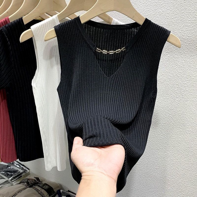 Women's Clothing Ice Silk Sleeveless Vest V Neck Versatile Design Slim Bottoming Shirt Top_voghion.com