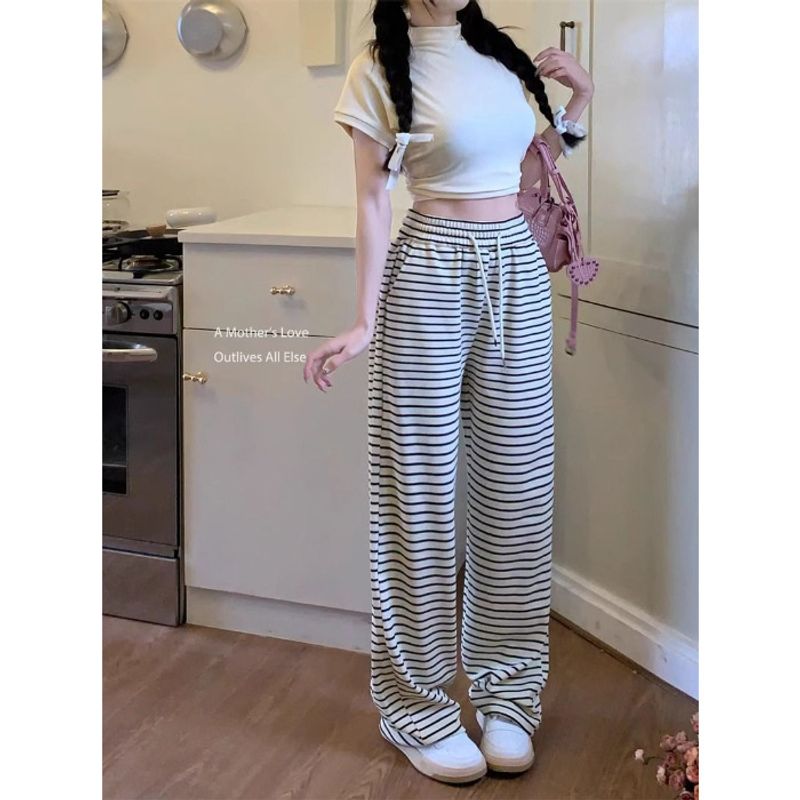 Black white striped in summer, thin, high waisted, loose revealing, slim petite, casual and wide leg pants for women_voghion.com